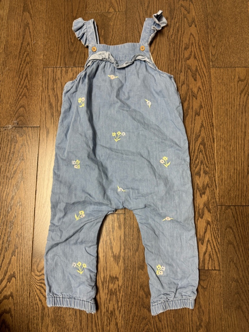 Blue Chambray Floral Embroidered Kids Overalls 18/24m
